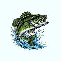 Jumping largemouth bass fishing mascot. Vector illustration with water splash.