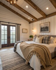 Modern farmhouse bedroom with shiplap walls, rustic wood beams, and a woven throw blanket 