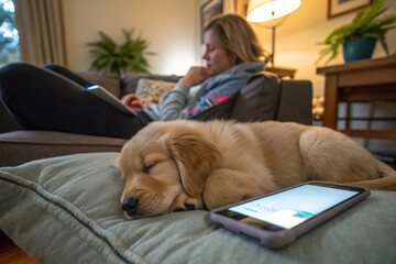 Adorable Golden Retriever Puppy Sleeping Near Smartphone Screen with Person in Background