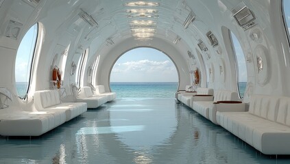 Futuristic, white interior space, ocean view
