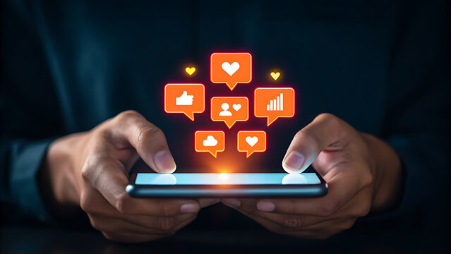 “Hands Holding Smartphone with Floating Social Media Icons – Concept of Online Popularity, Networking, and Digital Identity”