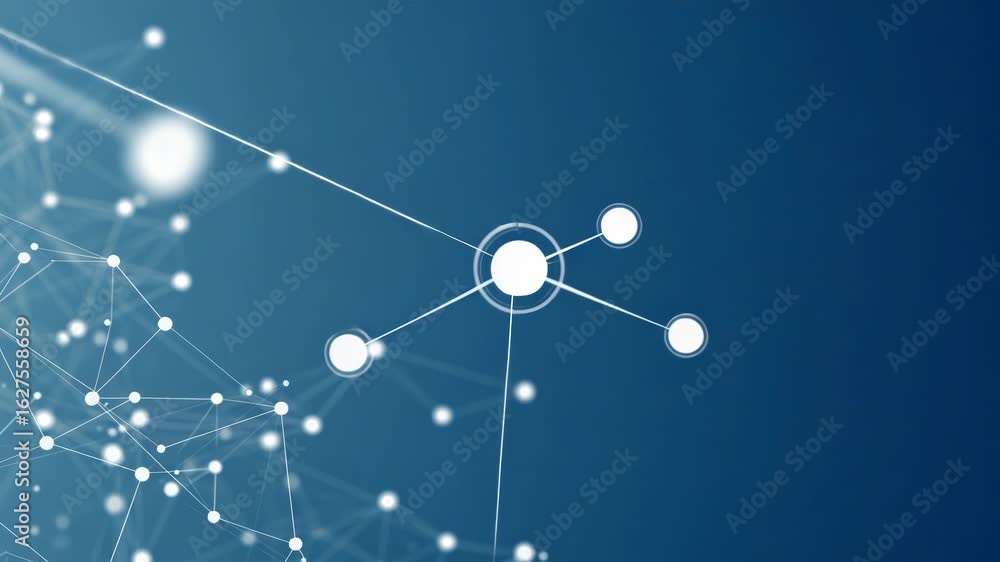 Poster abstract digital network with glowing nodes and connections on a blue background, symbolizing techno
