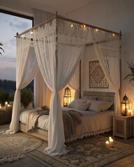 Romantic bedroom setup with canopy bed, lace curtains, and warm candlelight ambiance
