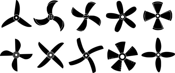 a set of black propellers with different shapes, isolated on white background, clean vector, simple style