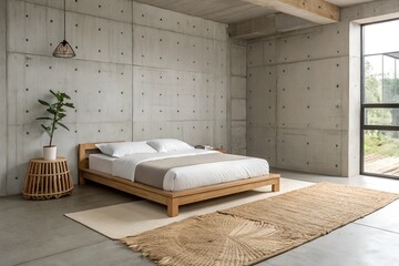 Minimalist bedroom with a platform bed, concrete walls, and natural fiber rug