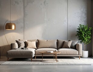 Modern living room with beige sectional sofa, coffee table, floor lamp, and potted plant