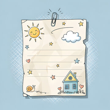 A charming cartoon-style note paper with ruled lines, a paper clip, and whimsical doodles of a house, sun, snail, stars, and clouds