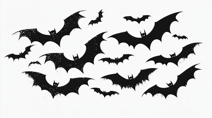Flock of Black Bat Silhouettes with Grunge Texture for Halloween Decor and Design 