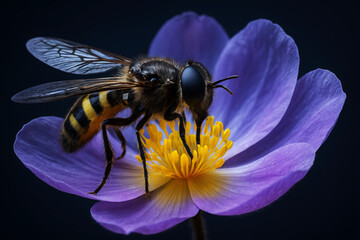 Striped insect on purple flower yellow