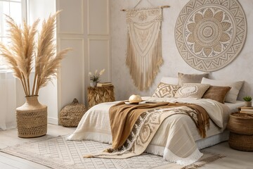 luxe bedroom featuring layered textiles, neutral bohemian palette, and pampas grass in a vase