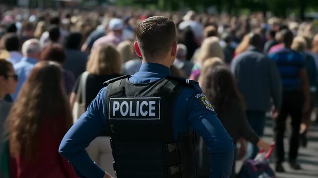 Police officer monitoring large crowd at outdoor public event for safety, security and crowd control with law enforcement presence during urban gathering or demonstration