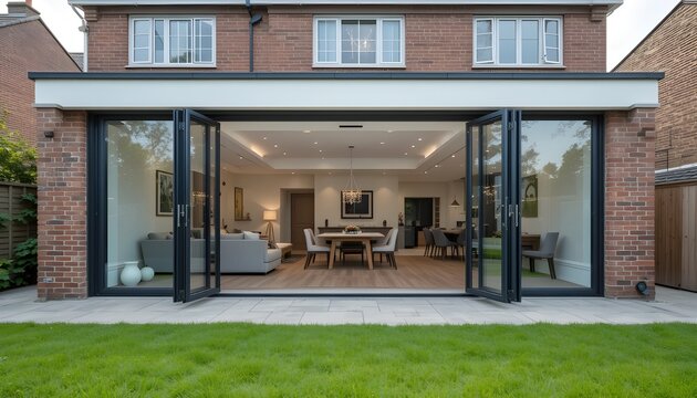 Stunning photo of modern house extension with large glass doors. Open plan living area with sofa, dining table, wooden flooring visible through doors. Exterior of brick house