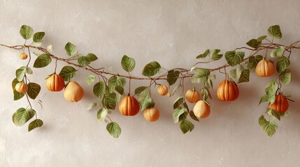 Autumn pumpkins and green leaves hanging from vine against beige wall backdrop. Autumn garland made from cut-out pumpkins and leaves, autumn harvest and rustic decor