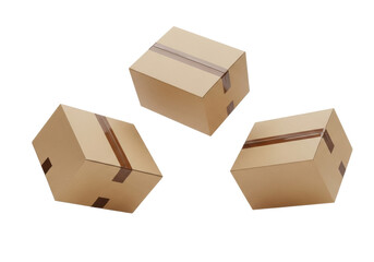 Three identical new brown cardboard delivery boxes, securely taped, dynamically floating at various angles on a clean pure bright white seamless studio background with copy space, 3/4 view. Concept