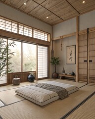 Zen-inspired minimalist bedroom with tatami mat flooring, futon bed, and bamboo decor