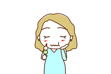 （上半身正面）三色団子を美味しく堪能し味わう白人女性