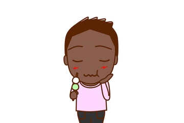 （上半身正面）三色団子を美味しく堪能し味わうアフリカ系少年