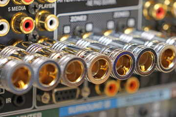 Rear panel of a high-quality AV receiver with multimedia connections for connecting speakers,...
