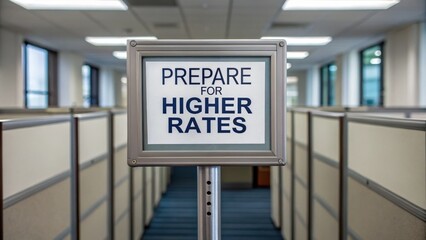 Obraz premium higher taxes Sign in an office warning about increased rates, surrounded by cubicles and a corporate environment.