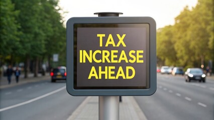 higher taxes Traffic sign displaying a warning about an upcoming tax increase on a busy street lined with trees.