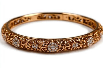 Gold bangle bracelet with intricate filigree and diamond accents