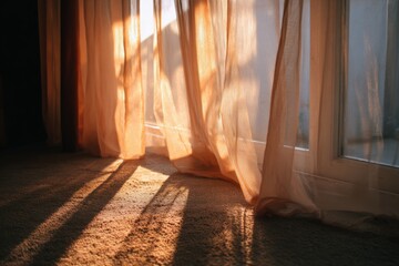 Warm sunlight filters through sheer curtains, casting a soft glow over a cozy, minimalist room.