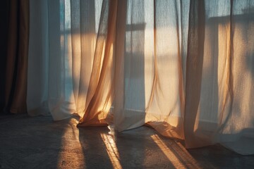 Warm sunlight filters through sheer curtains, casting a soft glow over a cozy, minimalist room.