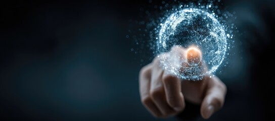 Hand points to a digital globe