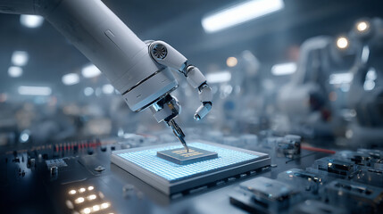 Fototapeta premium Medium View of a Robotic Arm Testing an AI Chip on a Glowing Table