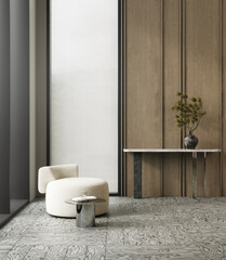 Minimalist modern living room with armchair and wooden panel walls