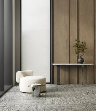 Minimalist modern living room with armchair and wooden panel walls