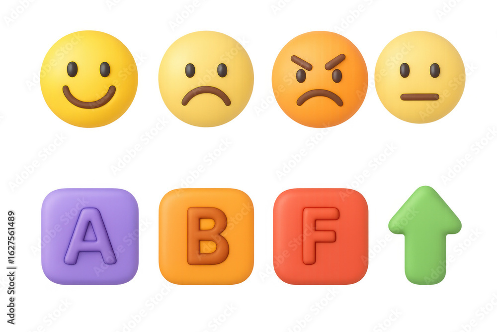 Poster colorful emoji and alphabet symbols with 3d design for user interface elements