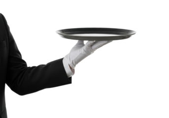 A professional's arm in a dark suit jacket with a crisp white cuff, white glove holding an empty, sleek dark grey reflective tray on a transparent studio background with copy space, concept of