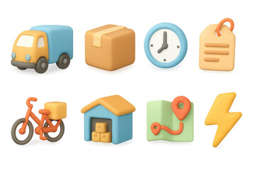 Colorful 3d delivery icons set featuring transport, package, and logistics elements