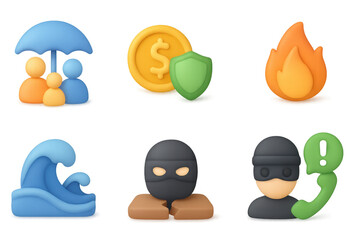 Obraz na płótnie Canvas 3d icons: family, finance, security, fire, water, and fraud concepts