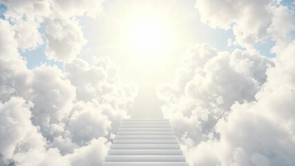 A majestic white staircase ascends through bright, fluffy clouds towards a radiant sun, symbolizing hope, spirituality, and the path to heaven - Powered by Adobe