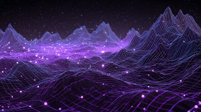 3d wireframe landscape with purple grid lines and floating data points in vaporwave light