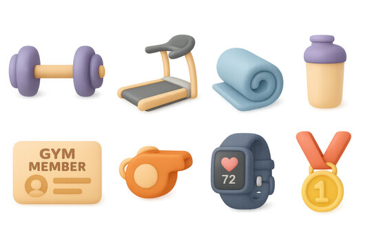 Colorful 3d fitness icons: dumbbell, treadmill, water bottle, gym membership, and more