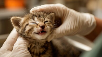 close-up of the vet gloved hands stroking the kitten head as it meows softly, shallow depth of field, warm and authentic