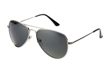 Elegant silver frame aviator sunglasses with dark gradient lenses stand isolated on a transparent background, a clear PNG file.