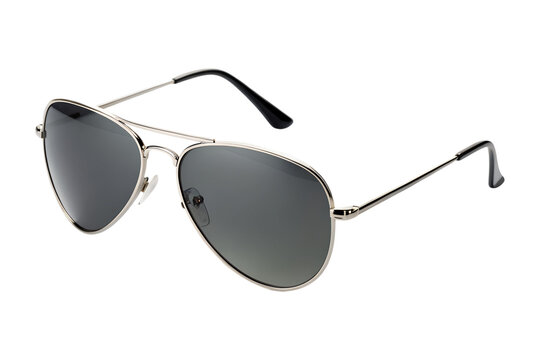 Elegant silver frame aviator sunglasses with dark gradient lenses stand isolated on a transparent background, a clear PNG file.
