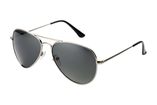 Elegant silver frame aviator sunglasses with dark gradient lenses stand isolated on a transparent background, a clear PNG file.
