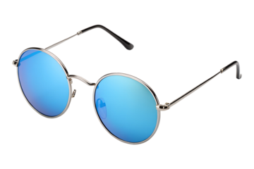 Stylish round sunglasses with silver frames and vibrant blue mirrored lenses are isolated on a transparent background as a clean png.