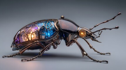 Fototapeta premium Intricate steampunk mechanical beetle with glowing eyes and colorful interior
