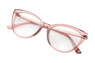 Stylish pink cat eye eyeglasses featuring clear lenses are isolated on a transparent background, available as a high quality PNG.