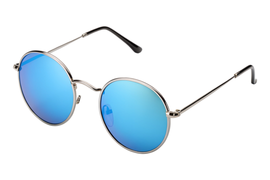 Stylish round sunglasses with silver frames and vibrant blue mirrored lenses are isolated on a transparent background as a clean png.