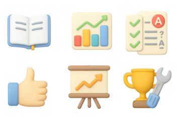 Educational and business 3d icons with graphs and tools in cartoon style
