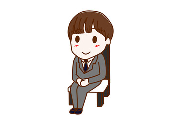 （全身斜め）椅子に笑顔で行儀よく座っている男子学生