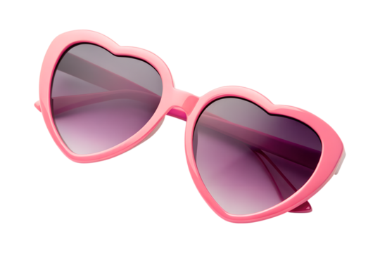 Bright pink heart shaped sunglasses featuring purple gradient lenses are perfectly isolated on a transparent background. This high quality image is ready as a png.