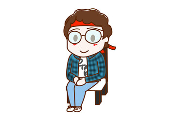 （全身斜め）椅子に笑顔で行儀よく座っているメガネをかけたオタク